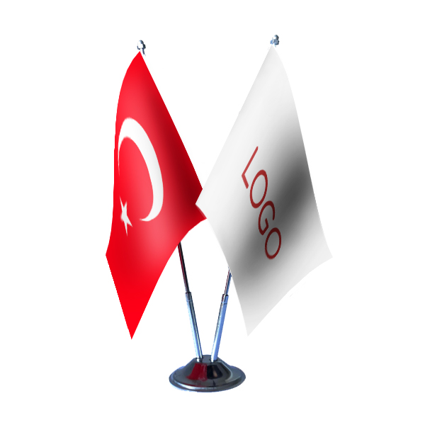 ÇİFTLİ MASA BAYRAĞI TAKIMI (Çiftli nikel masa direği+15*22,5 Türk bayrağı+15*22,5 Logo baskılı bayrak)